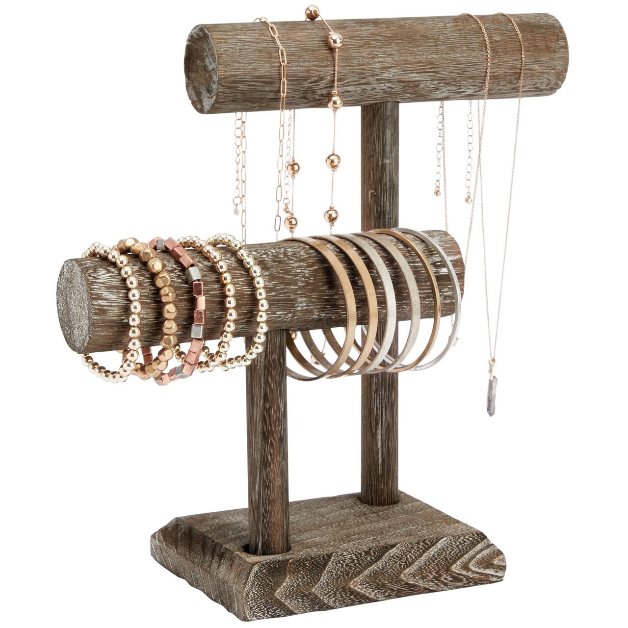 Rustic Style 2 Tier Jewelry Organizer Stand Wooden T Bar Necklace Rack and Bracelet Holder Display for Selling Bangle Watch Tower Rings Earrings
